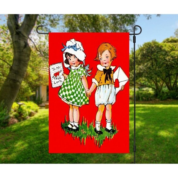 VALENTINES DAY Vintage Design NEW Red and White Double Sided Retro 12 x 18 inche - Picture 1 of 10